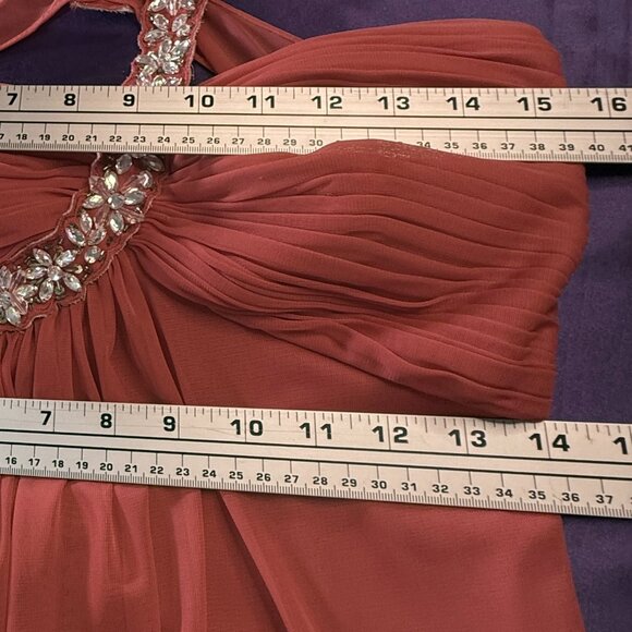 📌 One-Shoulder Draped Chiffon Beaded Plated Bodice Gown Deep Back Neckline - Picture 13 of 16